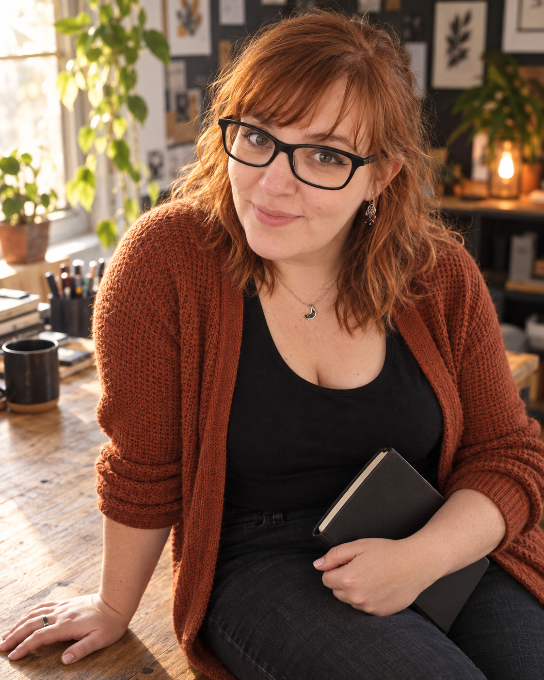 Melanie Priebe, KI-Manager:in, in einem warmen Arbeitsumfeld mit Pflanzen